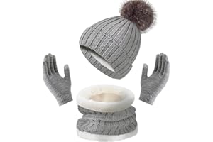 Enwokran Winter Unisex Beanie Hat Scarf Gloves Set,Thicken Touch Screen Gloves,Slouchy Knitted Fleece Thermal Pom Cap Thick Neck Warmer Mittens 3PCS for Cold Weather