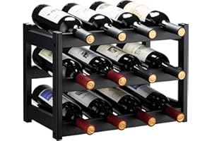 VASMIA Botellero de bambú, Soporte para 12 Botellas, estantes de Almacenamiento Independientes de 3 Niveles para Cocina, despensa, Bodega Bar,Negro