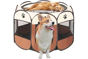Exquilnova Portable Puppy Run, 91 x 91 x 58 cm, Dog Playpen, Foldable Playpen, Cat Pen for Home, Puppy Playpen for Indoor, Waterproof Oxford Cloth for Dogs, Cats, Rabbits (Brown)