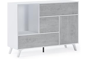 Skraut Home | Aparador para Salón o Comedor | 86 x 120 x 40 cm | Buffet con 1 Puerta + 3 Cajones | Modelo Wind | Madera Resistente | Acabado Blanco/Cemento