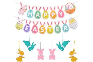 BOFUNX Happy Easter Bunting Banner Garland and 6Pcs Felt Easter Bunny Hanging Pendants Easter Party Home Decoration