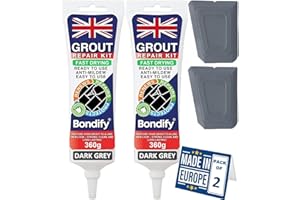 BONDIFY Waterproof Dark Grey Grout Ready Mixed, Grout Repair Kit, 360g x 2PCs, FAST DRYING, EXTRA VOLUME Anti Mould Dark Grey Tile Grout for Shower, Bathroom, Kitchen, Quick Drying Tile Gap Filler
