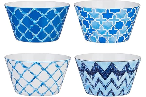 Amazon Brand - Solimo Ceramic Bowl, Set of 4 Microwave & Dishwasher Safe Bowls for Snacks, Fruits, Salad, Desserts BPA & Lead-Free Bowls 400ml, White & Blue (Ocean)