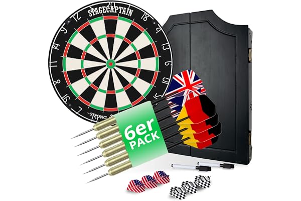 Stagecaptain DBC-1775 BK Bullseye Armoire Pub avec Fléchettes - Coffret en Bois Noir avec Cible Steeldart Professionnelle - Fils Extra Fins - 6 Fléchettes et 4 Jeux de Flights - Design Vintage