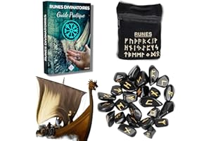 MAJESTIC'S Runes Divinatoires VIKINGS - Pack de 25 Runes en Pierres Naturelles d’OBSIDIENNE NOIRE Gravées (2cm x 1cm) + Sac Noir + Ebook Pratique (PDF) - Alphabet Runique Futhark parfait pour Divination, Voyance