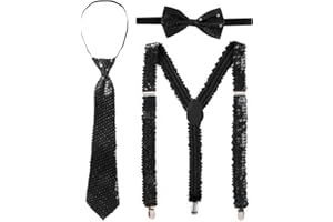 YiZYiF Damen Glitzer Pailletten Hosenträger 2,5 cm breiter Hosenträger in Y-Form elastisch und verstellbar im 3er Set mit farblich passender Fliege, Krawatte