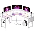 Devoko L Shaped Desk 153x153cm with Power Outlets，LED Corner Gaming Desk with Shelves, Large PC Writing Table for Home Office Bedroom,Monitor Stand, Hooks,White