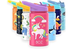 BOZ Kids Water Bottle for School with Straw Lid, Stainless Steel Insulated Water Bottle for Kids, Toddler Water Bottle, Leak Proof Water Bottle for Kids and Toddlers - 414 ml (Unicorn)