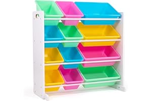 Humble Crew Pastel Wooden Toy Storage Organiser for Children, with 12 BPA Free Plastic Removeable Storage Bins, Ideal for Storing Toys, Games, Books and Craft Supplies - White/Pink/Blue/Green/Yellow