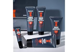 QUIYUM Kit de soin du visage pour hommes, coffret cadeau complet de 5 pièces avec nettoyant, crème pour les yeux, gommage visage et crème hydratante
