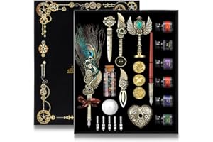 YICMY Quill Pen Ink Set, Feather Pen Set Wooden Pen Set with Wax Seal Stamp Kit, Calligraphy Pens Set for Beginners, Gifts for Handwriting Lovers Birthday Christmas Valentine's Day