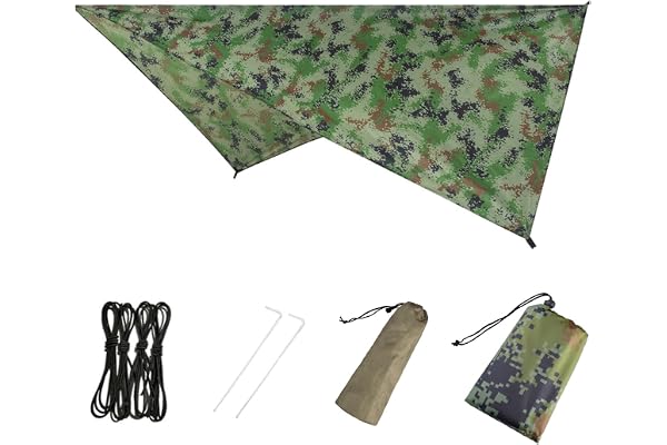 Azarxis Bâche Anti-Pluie Tarp Bivouac Toile de Tente Imperméable Tapis de Sol Abri de Randonnée Parasol Auvent Anti UV pour Camping Trekking (02 Camouflage, 270 x 270 cm (Diagonale))