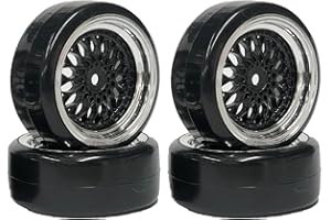 KINGCOO RC Drift Autoreifen und Felge, 63mm RC Hartreifen Drift Kunststoffbeschichtung Rad Felgen für 1:10 RC On Road Run-Flating Racing Car für Tamiya HSP HPI Kyosho (Schwarz Silber, Offset:9mm)