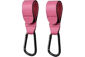 2Pcs Stroller Hooks for Hanging, Babyfond Premium Leather Style Stroller Clip Straps, Baby Stroller Hooks for Diaper Bags Grocery Shopping Bags, Mommy Hook for Stroller (Pink)