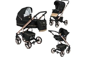EMJOT Poussette Combinée Trio 3 en 1 Neri Edition Exclusive RoseGold Noir – Landau, poussette promenade, siège auto "i-Size" Groupe 0+ - Livrée avec ses accessoires.