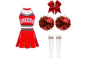 Doomiva Mädchen Cheer Leader Kostüm set Tanzbekleidung Set Crop Top und Minirock Tanzanzug mit Pompoms, Harrband, Overknee Streifen Socken