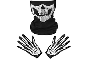 GIUGIO Esqueleto Guantes Máscara, Esqueleto Guantes Cara Máscara, Completa Esqueleto Cráneo Ghostn Negro Blanco, Esqueleto Máscara Niños, Cráneo Máscara para Cosplay Disfraz Carnaval