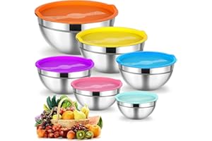 Cinnani 6 Set da Ciotola Acciaio Inossidabile, Insalatiera, Mixing Ciotole, Ciotole di Frutta, Ciotole Acciaio Inox con Coperchio Colorato, Ciotole da Cucina Multifunzionali