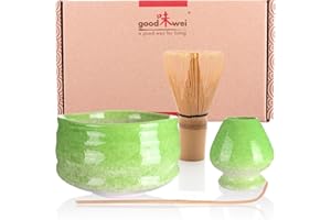 Goodwei Matcha Kit con Frusta Matcha, Ciotola Matcha e Supporto Frusta in ceramica con lo stesso design | Tazza Matcha Chawan tradizionale, 430 ml | The Matcha Set Regalo (80, Midori)