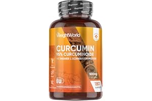 ‎WEIGHTWORLD Curcumin Kapseln - 500 mg (50:1) Kurkuma Extrakt, entspricht 25.000 mg Kurkuma - 6 Monate Vorrat - 180 Kapseln - Kurkumin 95% mit Schwarzer Pfeffer & Ingwer - 1 Kapsel pro Tag - WeightWorld