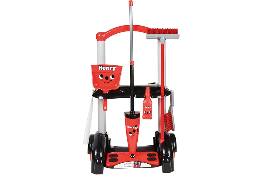 Casdon Henry & Hetty Toys - Henry Cleaning Trolley - Red Henry-Inspired Toy Playset with Mop, Brushes, Dustpan, & Accessories - Kids Cleaning Trolley Set - For Children Aged 3+