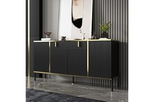 ‎CALDION Caldion Sideboard Vintage Wohnzimmer mit 4 Türen und 1 Schublade,Komodenschrank mit Verstellbare Einlegboden, Küchenschrank mit Metallbeine für Eingang Küche, Esszimmer, Schwarz, MDF, 160 * 40 * 80cm