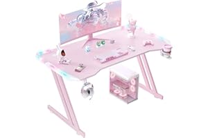 HLFURNIEU Scrivania Gaming Rosa con LED, Scrivania Gamer 120 × 60 cm, Scrivania da Gaming con Pannello in Fibra di Carbonio, Gaming Desk per Computer con Portabicchieri e Gancio per Cuffie