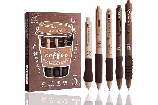 COOFANDY Coffee Theme 5Pcs Cute Gel Pens, Retractable Quick Dry Blue Ink Gel Pens 0.5mm Kawaii Fine Point Smooth Writing Pens for Journaling Note Taking Aesthetic Pens for Office School Supplies