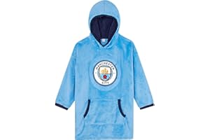 MANCHESTER CITY F.C. Boys Hoodie, Man City Oversized Hooded Lounge Gown Fleece Blanket, One Size Fits All Ages 7 to 13 Years Red