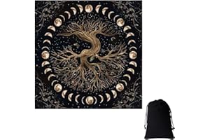 HYMC 2 PCS Altar Cloth Set, Tarot Cloth, 49x49cm Color Black Tree of Life Design, Witchcraft Supplies for Tarot Reading, Meditation, Spiritual Rituals, Wiccan Decor, Choice(Include A Black Bag)