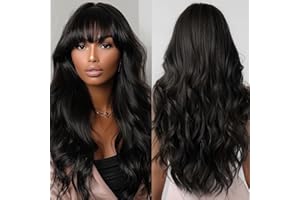 ALLBELL Allebll Perücke Damen Lange Gewellte Schwarze Perücken mit Air Bangs für Frauen Afro natürlich aussehendes hitzebeständiges Kunsthaar