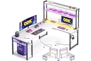 ODK Stół gamingowy z LED, 168 x 120 cm, dwustronne biurko w kształcie litery L, z listwą zasilającą, narożne biurko z półką nakładaną na figurki zabawek, biały