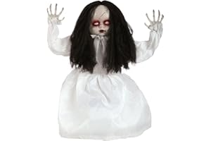 I LOVE FANCY DRESS LTD Animatronic - Bambola grande con abito bianco, 82 cm, decorazione per Halloween, occhi rossi e effetti sonori, salti e dice Boo! - Accessori per Halloween - Confezione da 1