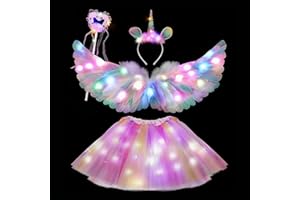 23GUANYI Disfraz Unicornio Niña, Disfraz Carnaval Niño con LED Tutu Falda Tul, Angel Alas de Plumas, Diadema, Varita Mágica para Cumpleaños Carnaval Cosplay Fiesta, Unicornios Para Niñas