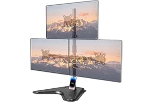 IMtKotW Supporto per monitor a 3 monitor con base indipendente per schermo piatto e curvo da 17-32", 3 monitor, orientabile, inclinabile, regolabile in altezza, 9kg per braccio
