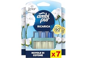 Ambi Pur 3Volution Profumatore per Ambienti, 7 Ricariche per Diffurore Elettrico, Fragranza Nuvole Cotone, tecnologia Elimina Odori, Fino a 90 Giorni di Profumo per Ricarica
