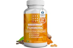 G R O U N D E D COFFEE SCRUB Grounded Turmeric Tablets 2,200mg with Black Pepper & Ginger 35:1 Extract | 2 Month Supply, 120 Tablets | High Strength Herbal Curcumin Supplement | Natural Anti Inflammatory & Antioxidants | Vegan UK