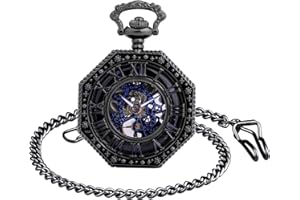 Unendlich U Herren Römische Ziffern Skala Taschenuhr mit Halskette Analog Handaufzug Skelett Unisex Retro Mechanische Kettenuhr