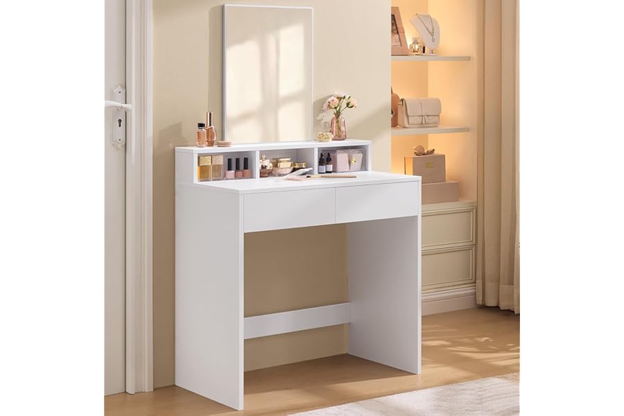 VASAGLE KAILYN Collection - Dressing Table, Vanity Table with Rectangular Mirror, 2 Drawers and 3 Compartments, Makeup Desk, Modern, Cloud White RDT113W01