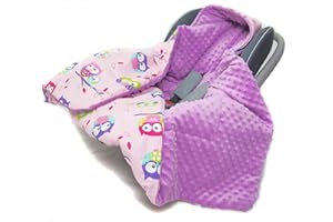 MILLALU Hooded CAR SEAT PADDED BABY BLANKET Reversible Cotton / Minky * COVER * COSYTOES * PUSHCHAIR BLANKET (Owls on Pink with Purple Minky)