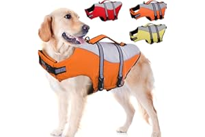 HJUMARAYAN Kamizelka ratunkowa dla psa, Ripstop, kamizelka ratunkowa dla psa, z odblaskowym uchwytem ratunkowym, do pływania, o dużej wyporności, regulowany rozmiar, pomarańczowa, M