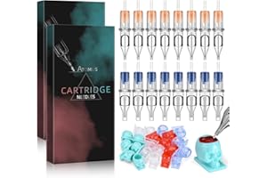 ATOMUS 20pcs Tattoo Cartridge Needles 5pcs 1007RS 9RS 7M1 9M1 Tattoo Needles for Tattoo Gun Pen Shader Pattern with 20pcs Disposable Skull Ink Cups for Pen Rotary Machine Tattoo Supplies