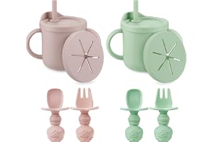 PandaEar 2-pack silikon barnsugpip och snacksmugg med 2 skedar 2 gafflar, dubbelfunktionella träningsmuggar för barn, rosa