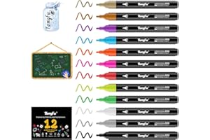 TongFu 12 Rotuladores de Tiza Líquida, Rotulador Pizarra Fácil Borrado en Húmedo, Liquid Chalk Punta Redonda Fina 1-2 mm, Marcadores Colores Borrables para Pizarras, Carteles, Ventanas, Vidrio