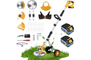 FOVENDI Decespugliatore a batteria 21V Tagliabordi a Batteria con 2Batterie 4 Tipi di Lame Tagliabordi Elettrico con 90°Testata Regolabile Maniglia Telescopica Decespugliatore Elettrico con Ruote per Giardino