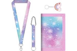 Bofanze Tri-pli Porte Monnaie Enfant Fille, Galaxie Rose Portefeuille Enfant avec Lanière et Porte-clés Arc-en-Ciel, Petit Porte-Monnaie pour Enfants de 4 à 12 Ans (Bleu Rose)