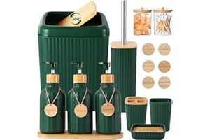 XLHOMO 17PCS Green Bathroom Set with 3PCS Lotion Soap Dispenser, Toothbrush Holder, Trash Can, Vanity Tray, Q-tip Holder, Wood Tags - Rustic, Farmhouse Style