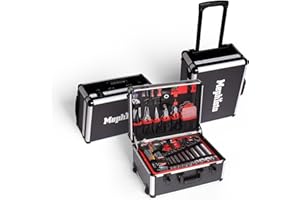 Mephisto Werkzeugtrolley Werkzeugkoffer mit Trolleyfunktion gefüllt mit Chrom-Vandium Werkzeug wie Ratschenschlüssel Set, Hammer, Werkzeugkasten Set insgesamt 299 tlg.