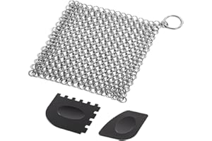 Senhai Gusseisenreiniger mit robustem Kunststoff-Grillschaber, 17,8 x 17,8 cm, Edelstahl-Kettenschrubber für Bratpfannen, Grillpfannen oder Woks und mehr