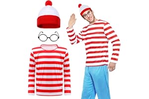 DAZZROI 3PCS Men's Wally Costume Set,Cosplay Accessories Set with Red&White Stripe Long Sleeve Top Bobble Hat Black Nerd Glasses,90s Fancy Dress Costume for World Book Day Halloween Dress Up Day